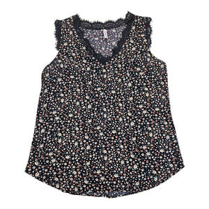 Viishow Medium Sleeveless Floral V-Neck Lace Trim Shirt